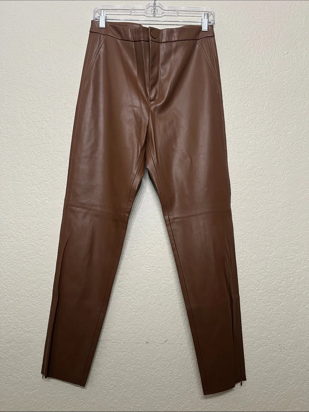 Zara Women’s Size Large Brown Faux Leather Skinny Pants With Zippers at Ankles - Picture 1 of 11